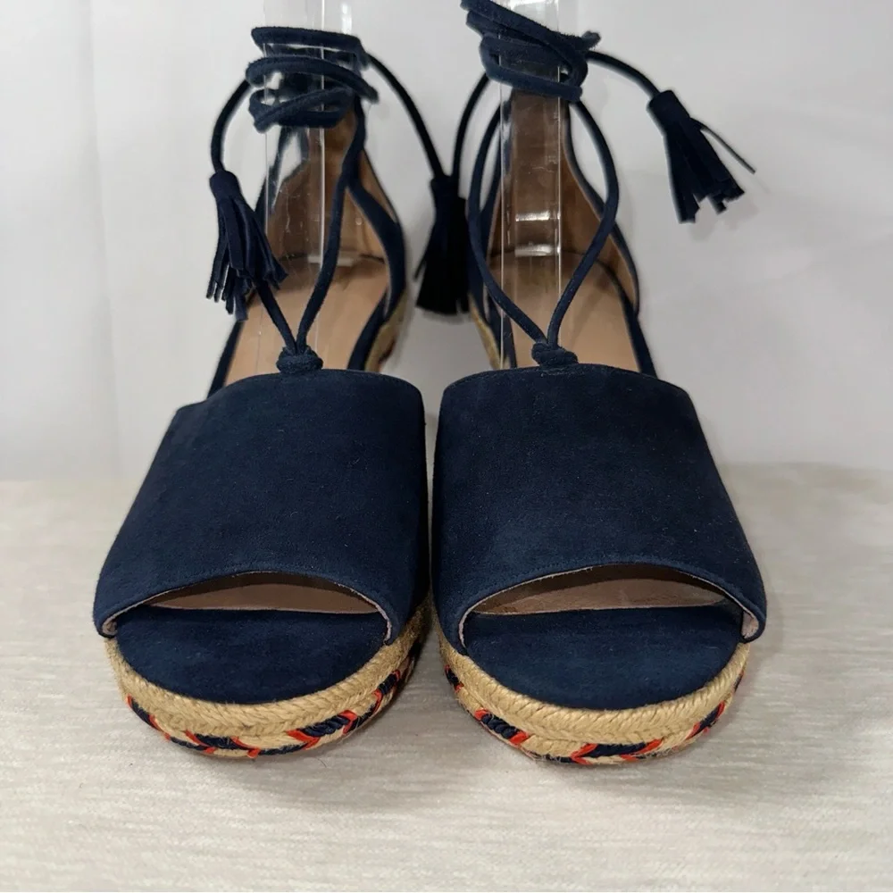 Cabi 6001 Women's US 6 Medium Navy Isla Wedge Ikat Suede Ankle Tie Sandals